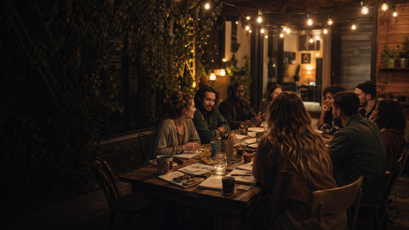 A warm faith-centered creative community gathering in the evening